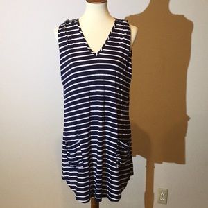 Navy Stripe Jersey Dress Hood & Pockets Curved Hem